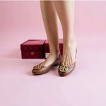 TORY BURCH Benton 2 Travel Leather Ballet Flats Royal Tan Gold Size 5.5 NIB