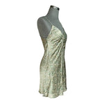 Zara Women's Green Gold Paisley Print Satin Bodycon Mini Dress XS V-Neck VG