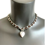 Women’s Brown Leather Silver Heart Necklace & Bracelet Jewelry Set Gift Box