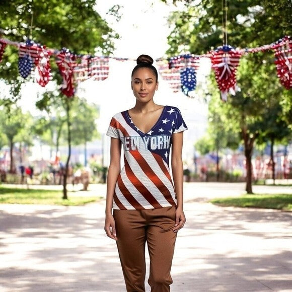 Sweet Gisele Womens Top M Patriotic Tee New York American Flag Rhinestone V Neck