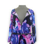 C&C Studio Royal Blue Pink Floral Print 100% Polyester Belted Zip Front Jumpsuit