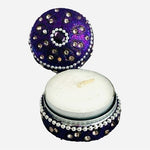 Handmade Rhinestone Beaded Travel Tea Light Candle Holder Tin Box 1.75 Violet