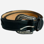 Western Cowboy Black Grain Leather Eagle Embossed Silver Brass Buckle Belt Sz 42