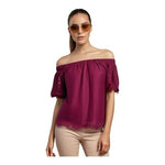 MIAMI Womens Off Shoulder Blouse S Wine Red Lace Floral Bow Short Sleeve Top NWT