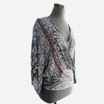 LOVESTITCH Womens Blouse M Grey Multicolor Floral Wrap Long Sleeve Knot Back VG