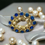 Women's Silver Tone White Pearl Blue Crystal Brooch Pin 2"x1.5" Collectible
