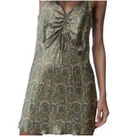 Zara Women's Green Gold Paisley Print Satin Bodycon Mini Dress XS V-Neck VG