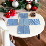 Set of 4+1 Embroidered White Snowflakes Blue Satin Placemats Christmas Decor