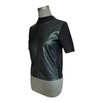 Ann Taylor Women Black Leatherette Front Knit Shell Top SP Mock Neck Short Sleev
