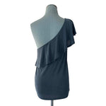 GREEN ENVELOPE Womens Top M Charcoal Gray One Shoulder Ruffle Blouse Loose Fit