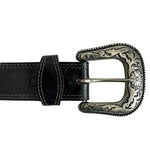 Western Cowboy Black Grain Leather Eagle Embossed Silver Brass Buckle Belt Sz 42