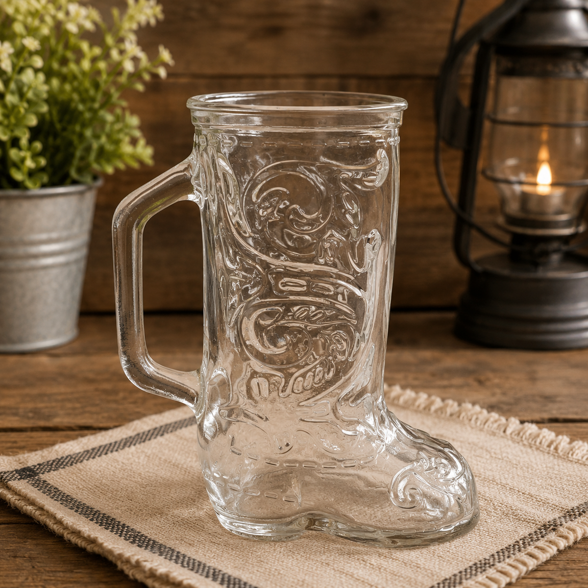 Vintage Clear Glass Cowboy Boot Mug Embossed Western Scroll Beer Stein 6"