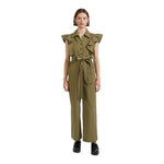 EN SAISON Essie Women's Army Green Ruffled Jumpsuit Size L Cotton Wide Leg NWT