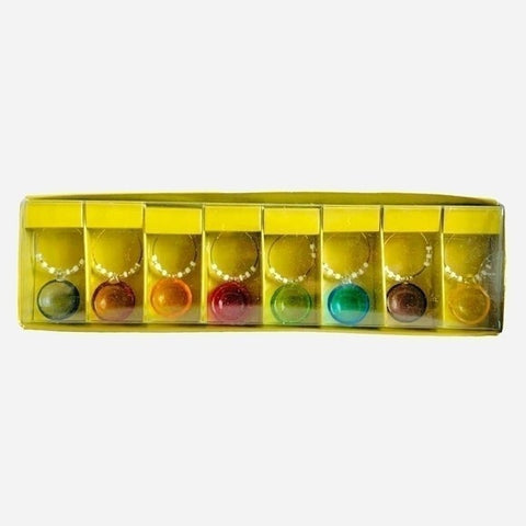 Pier 1 Imports Hand Blown Glass Wine Charms Rings 8pc Multicolor Metal Wire NIB