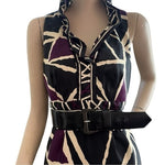 DRESSBARN Women’s Black Purple Tan Geometric Print Sheath Dress Size 8 Excellent
