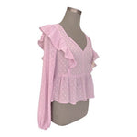 STRADIVARIUS Womens Top M Lilac Self Spot Ruffle Blouse Sheer V Neck Long Sleeve