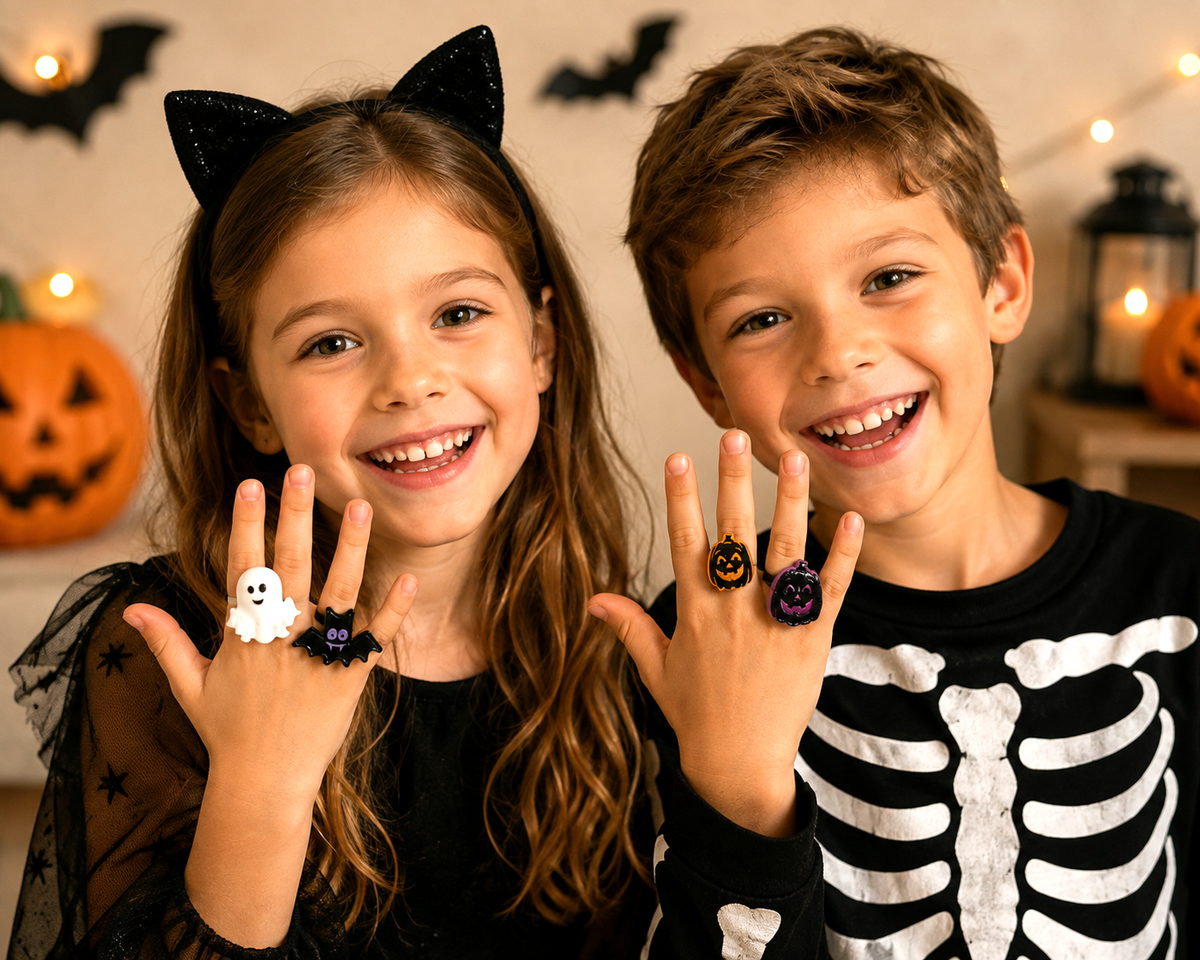 Halloween Rings Set of 4 Kids Ghost Bat Pumpkin Costume Jewelry EXC