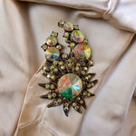 Vintage Rainbow Crystal Rhinestone Floral Brooch Gold Tone Pin 2.5" Jewelry VG