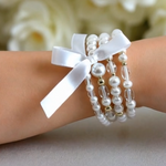 Layered Beaded Three  White Pearl Ribbon Bow Bracelet Wedding Accessories NWOT