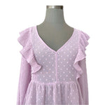 STRADIVARIUS Womens Top M Lilac Self Spot Ruffle Blouse Sheer V Neck Long Sleeve