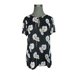 Ann Taylor Navy Blue Sheer Floral Keyhole Top M Loose Fit Short Sleeve Blouse