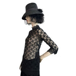 Marks & Spencer Black Lace Blouse Sheer Elegant Funnel Collar 3/4 Sleeve Size M