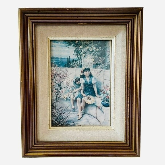 Antique Victorian William Coleman Girls Garden Print Butterflies Framed 10.5x8.7
