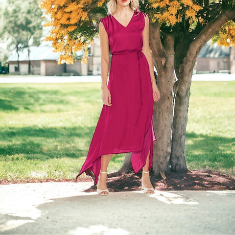 Vince Camuto Women's Magenta Pink Silky Asymmetrical V-Neck Dress XL $146 EXC