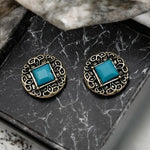 Turquoise Stud Earrings Silver Tone Flower Button 0.6" Women's Costume Jewelry