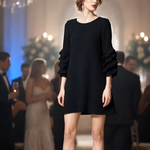 Pure Color Black Cha Cha 3/4 Sleeve Crew Neck Mini Dress S 2 Pockets Excellent