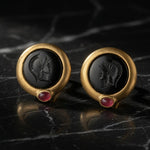 Vintage Gold Tone Black Cameo Clip Earrings Roman Profile Pink Stone 1.25x1.5"