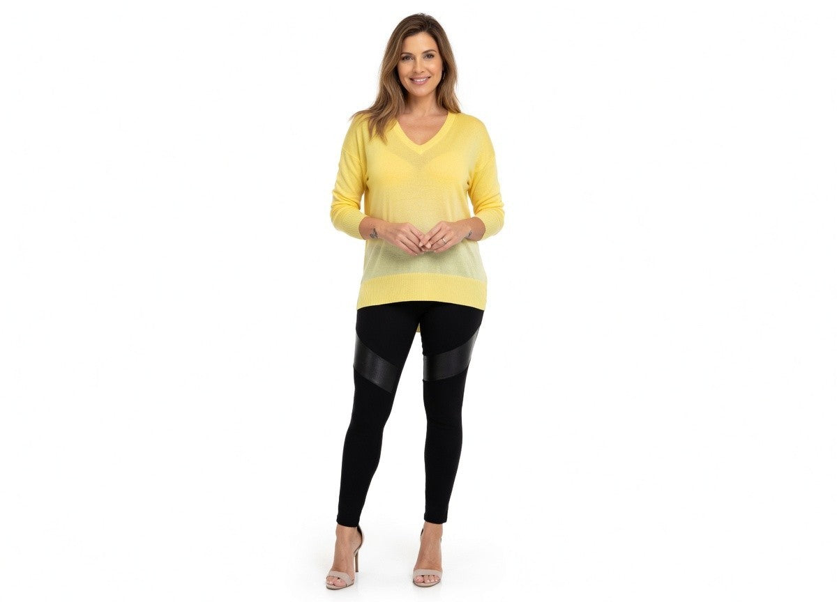 ZARA Women's Yellow V-Neck Knit Sweater Size M Long Sleeve Elastic Hem Pullover