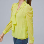 WHBM Womens Top L Neon Yellow Sheer Puff Long Sleeve Tie Neck Blouse EXC