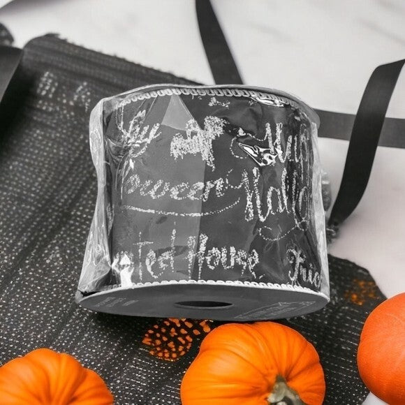 Maker's Halloween Black White Glitter Ribbon 2.5"x9' Wire Edge Craft Decor NIP