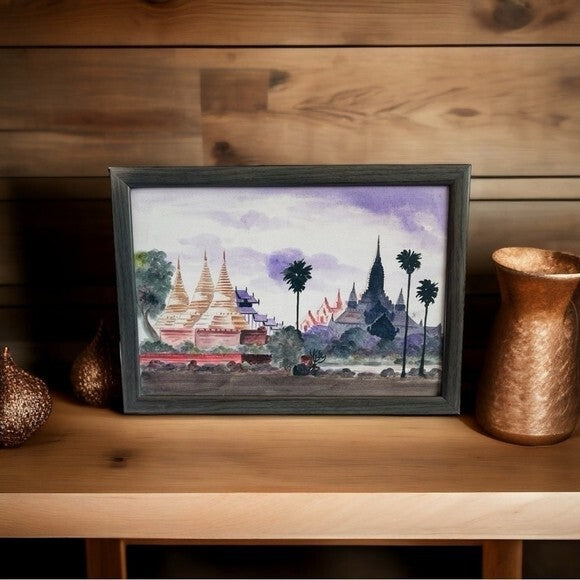 Myanmar Burma Bagan Watercolor Painting 14.5x10.5 Framed Canvas Artisan Art VG
