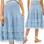 Anthropologie Maeve Blue Tiered Ruffle Tulle Midi Skirt Women’s LP Excellent