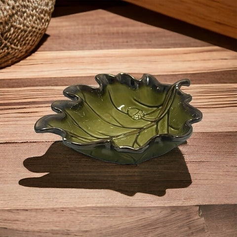 Art Deco Hand Painted Ceramic Bowl Leaf Acorn 7.75" Green Gold Fall Serving VNTG
