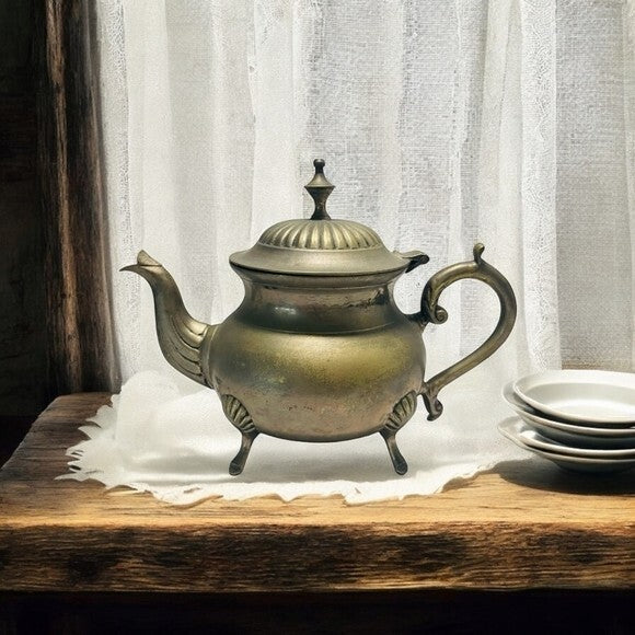 Rare VNTG Footed Ornate Teapot with Handle EPNS Solid Brass Tea Kettle Decor