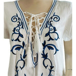 Lulus Down in Kokomo Mini Dress M White Blue Tassel Floral Embroidery Rayon EXC