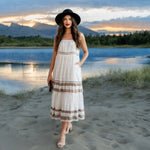 Rip Curl Vista Maxi Dress M White Grey Metallic Layered Cotton Spaghetti NWT
