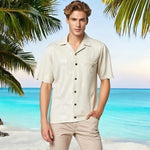 Tommy Bahama Men's Beige Silk Palm Print Hawaiian Shirt L Relaxed Fit $159 VG