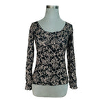 HANKY PANKY Womens Black Gold Floral Lace Blouse S Long Sleeve Scoop Neck Top G+