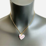 Vintage Ceramic White Heart Rose Crystal Pendant Necklace Gold Tone Choker VG
