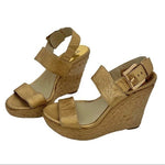 MICHAEL KORS Posey Gold Leather Espadrille Wedge Sandals Women 5.5 5" Heel G+
