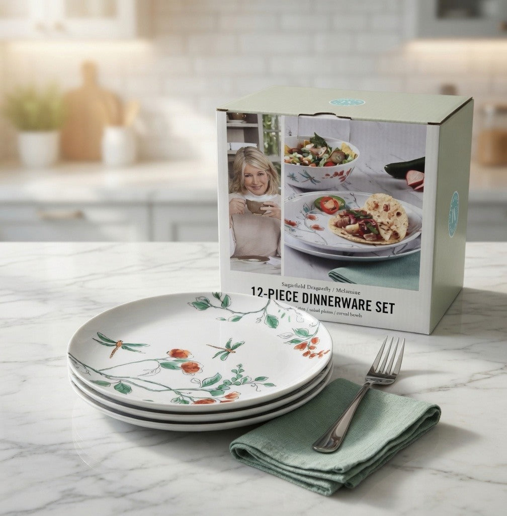 Martha Stewart 12 Piece Dragonfly Melamine Dinnerware Set Service for 4 NIB