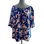 Bailey & Chloe Blue Floral Paisley Bell Sleeve Blouse Women M Rayon Tassel NWOT