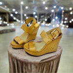 MICHAEL KORS Posey Gold Leather Espadrille Wedge Sandals Women 5.5 5" Heel G+