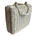 Vintage White Wicker Handbag Lucite Handles Pleated Purse Made Hong Kong 9x4x8"