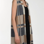Women's 1775 Long Plaid Vest Cardigan Size M Open Front Sleeveless Tan Blue EXC