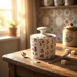 Vintage White Red Chinese Calligraphy Covered Sugar Bowl Tea Jar 3.75" Ceramic
